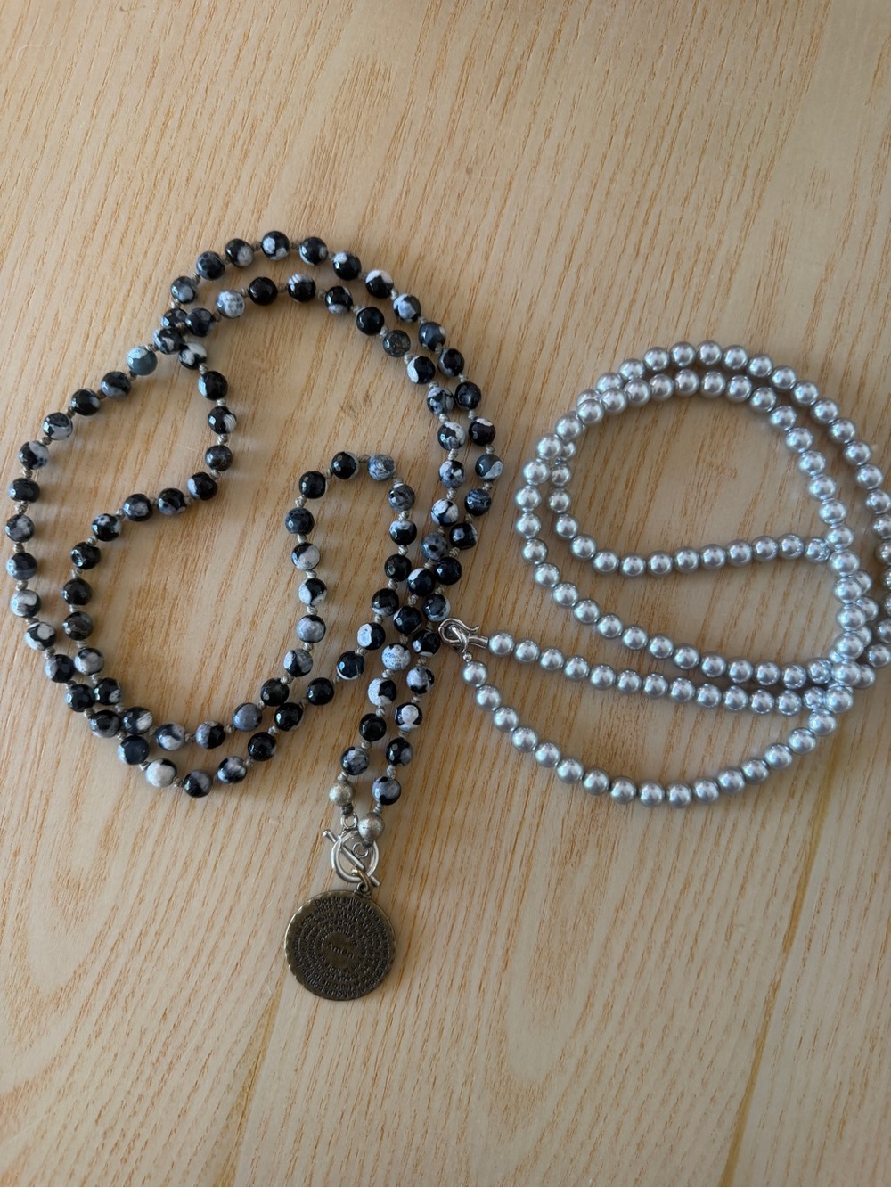 Gray and Black Beaded Necklace and Silver bead necklace  Set - Women's Jewelry